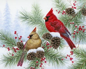 Christmas Tis The Season Fabric Cardinal Birds Digital Cotton David 35" Panel - Picture 1 of 1