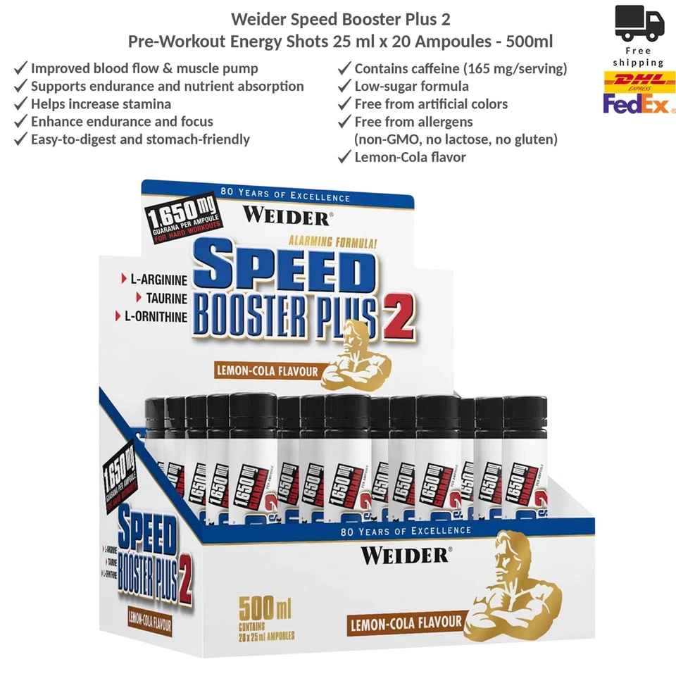 Weider Speed Booster Plus 2 Pre-Workout Energie-Shots mit Guarana – 20 Ampullen - Bild 1 von 4