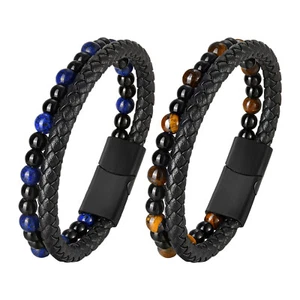 Men Natural Tiger Eye Stone Beads Bracelet Matte Black Onyx Leather Bracelet - Picture 1 of 11