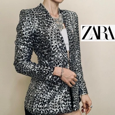 Blazer Zara Negro Plata Gunmetal Lentejuelas Metálicas Talla S NUEVO Trinny Woodall Foto 1 de 4