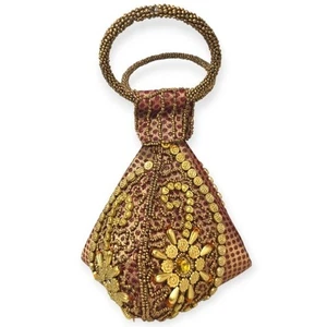 Beaded Maroon Potli Folded Bag Boho Fairycore Indian Purse Snap Zipper Handmade - Picture 1 of 11