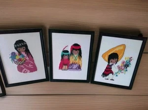 Set 3 DeGrazia Needlepoint Cross Stitch Framed  Native American Mother Child Art - Picture 1 of 10