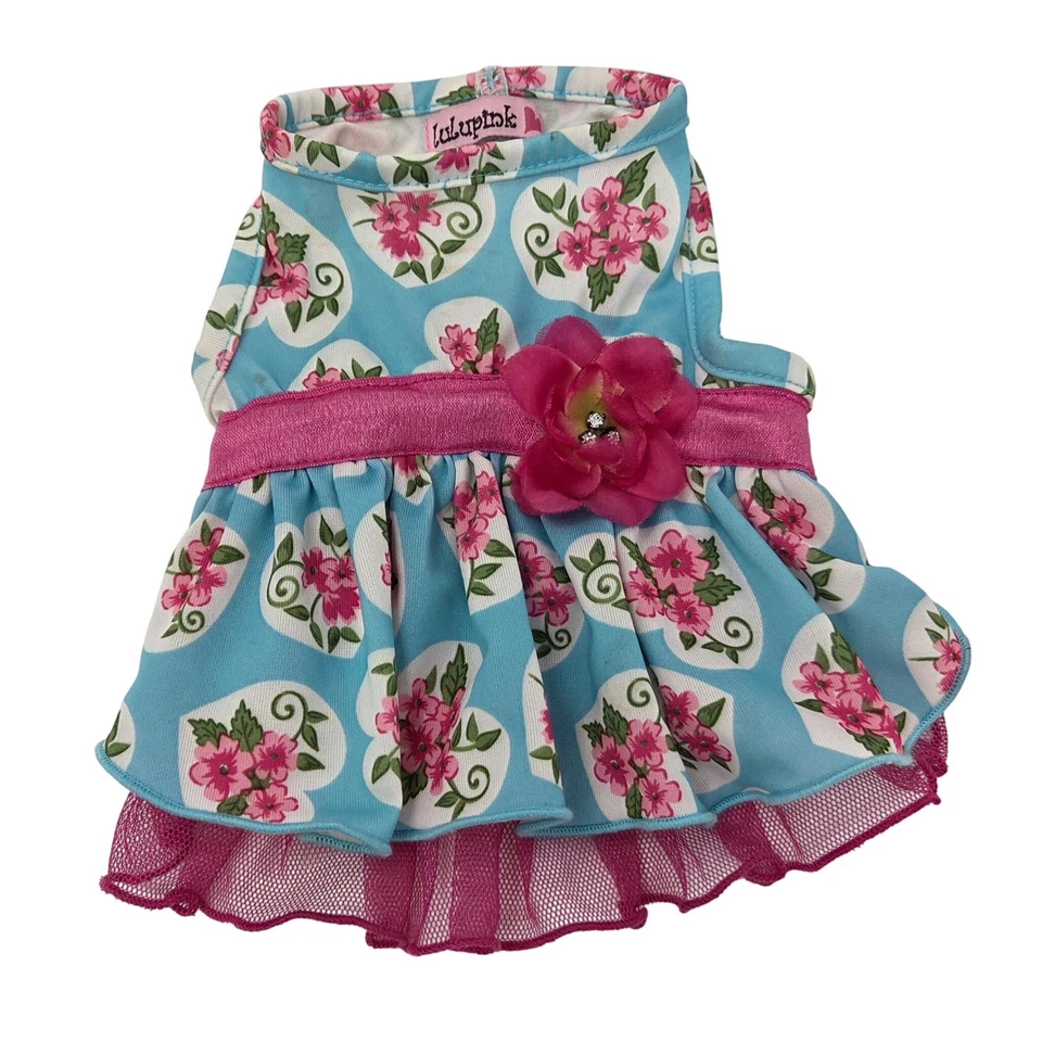 Vestido Lulu Rosa Azul Floral Corazón Perro XXS Rosa Tul Volantes Cachorro Mascota Ropa Foto 1 de 4