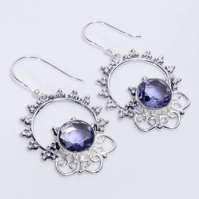 Pendientes de plata de ley 925 hechos a mano con piedras preciosas de iolita estilo vintage 2,1" Q909 Foto 1 de 4
