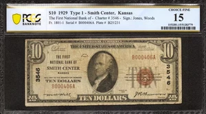 1929 $10 FIRST NATIONAL BANKNOTE CURRENCY SMITH CENTER KANSAS PCGS 15 CH F (406A - Picture 1 of 2