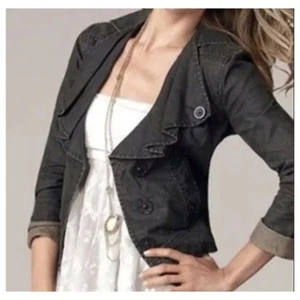 Cabi Black Charcoal Gray Waxed Linen Ruffle Moto Bomber Jacket Blazer M - Picture 1 of 5