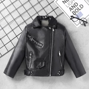 Kids 2-9Y Girls PU Leather Solid Motorcycle Coat zip Pocket short outwear Jacket - Picture 1 of 23