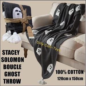 Stacey Solomon Throw Blanket Ghost Halloween 100% Cotton Grey Black White Boucle - Picture 1 of 15