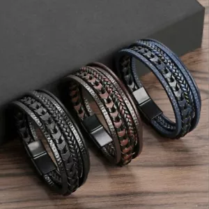 Herren Armband Schwarz Echtes Leder Edelstahl Magnetverschluss Männer Geschenk D - Bild 1 von 8