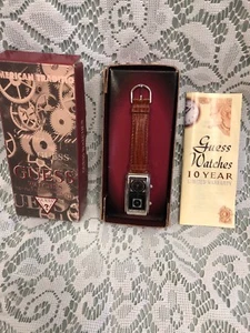 Women's "GUESS" Rectangular Face Brown Leather Strap Watch - Picture 1 of 4