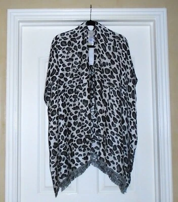 Chico's LEOPARD PRINT RUANA WRAP OS Black Gray  Fringe Jacquard BOHO NWT $119 - Image 1 of 4