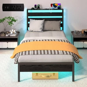 Twin Bed Frame with LED Lights & Charging Station, Storage Headboard, Heavy D... - Picture 1 of 7