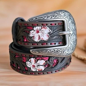 Shyanne Girls' Western Tooled Brown Leather Floral Glitter Underlay Belt Size 28 - Picture 1 of 13