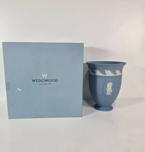 Jarrón de porcelana griega vintage Wedgwood azul jaspe 6,5" hecho en Inglaterra CAJA - Imagen 1 de 11