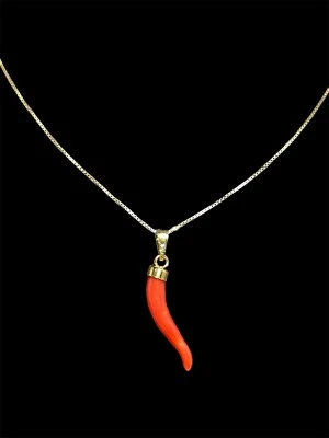 Collana portafortuna in argento 925 placcate in oro con corallo rosso Mediterran - Immagine 1 di 4