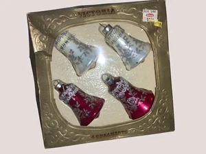 Rauch Victoria 4 Glass Bell Christmas Ornaments  Red White  3Inch Vintage 1983 - Picture 1 of 12