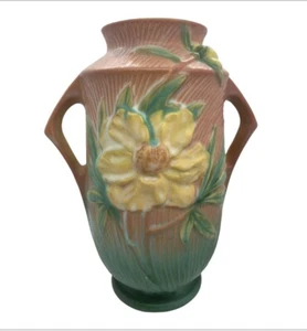 1930's ROSEVILLE USA ART POTTERY PINKISH MAUVE PEONY DOUBLE HANDLED VASE # 65-9 - Picture 1 of 9