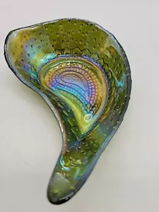 AKCAM Turkish Art Glass Dish Green Iridescent Paisley Teardrop Home Decor - Picture 1 of 7