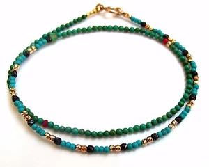 turquoise 14K gold beads bracelet black diamond cut silver bead ruby emerald - Picture 1 of 9