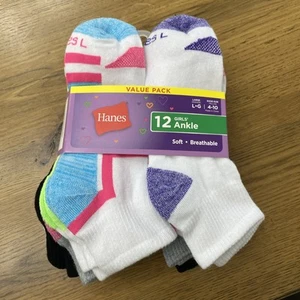 Hanes 12 Pair Girls Ankle Socks! New! L 4-10 Shoe Size Soft/breathable - Picture 1 of 8