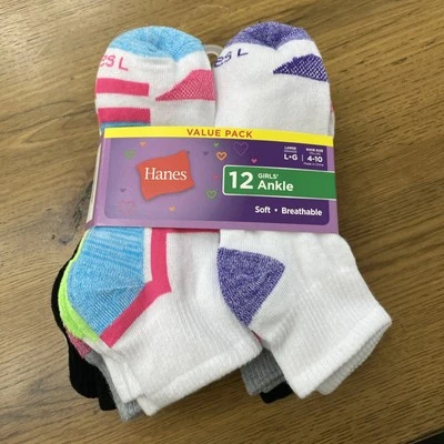 ¡12 pares de calcetines tobilleros Hanes para niñas! ¡Nuevo! Zapato talla L 4-10 suave/transpirable Foto 1 de 4