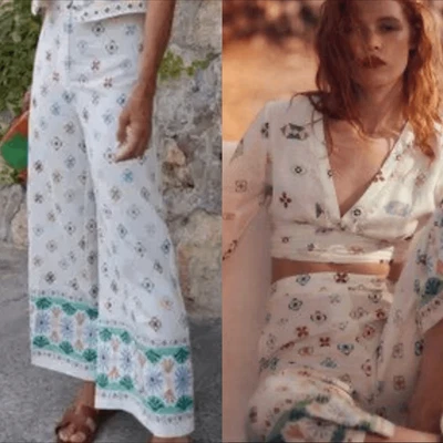 Conjunto Top Corto Pantalones Zara Crema Lino Estampado Floral Bordado | Talla S Foto 1 de 4