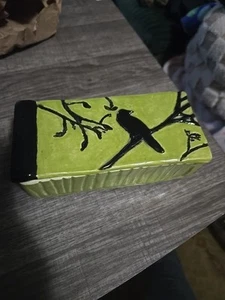 Ceramic Handmade Trinket Box With Lid, Green, An Black Crow, Rectangular - Picture 1 of 11