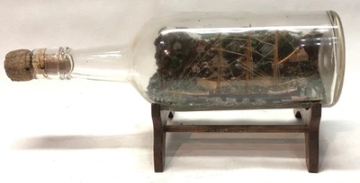 Antique Vintage Ship in a Bottle with Wood Stand - Nautical Maritime Folk Art - Image 1 of 4