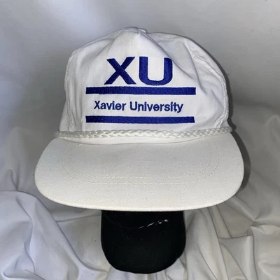 Vintage Xavier University Musketeers Strapback Hat Cap White Blue Made USA - Image 1 of 4