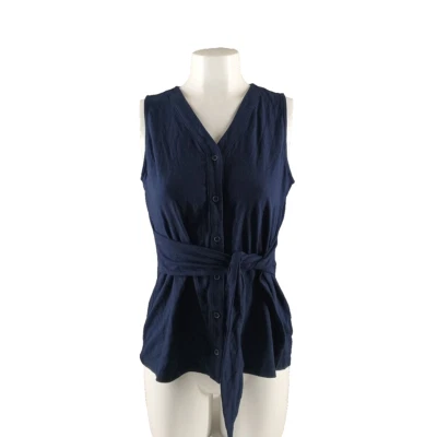 NUEVO CON ETIQUETAS $49 CHARTER CLUB Cintura Corbata Top S (4-6) Azul Algodón Frontal Cierre Botón Foto 1 de 4