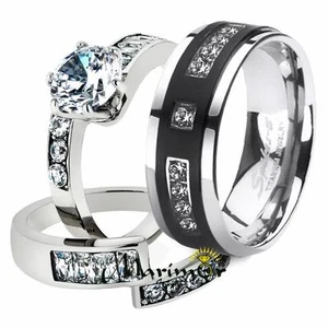 Set Sposa His & Her 3pz Acciaio Inox 2,50 Ct Cz e Fede Nuziale Uomo Titanio - Foto 1 di 9