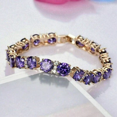 12Ct Round Cut Lab-Created Women's Tennis Amethyst Bracelet 14K Rose Gold Plated - Image 1 of 4