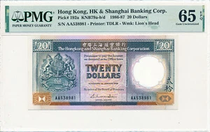 Hong Kong Bank Hong Kong $20 1986 Prefix AA PMG  65EPQ - Picture 1 of 2