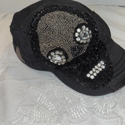 Olive & Pique Black Rhinestone Skull Bling Cadet Style Cap - Image 1 of 4