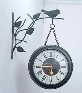 Double Sided Bird Wall Clock Retro Train Station Indoor Patio Garden French Café - Picture 1 of 4