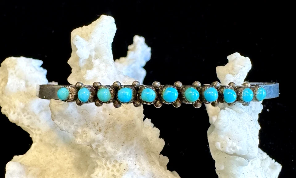 Vintage ZUNI Snake Eyes Turquoise Sterling Silver Bracelet Sleeping Beauty 1950s - Image 1 of 4