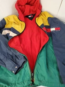 Vintage Tommy Hilfiger Jacke Herren XL Grün Blau Mantel Color Block Big Logo Flag - Bild 1 von 11