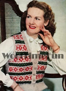 Knitting Pattern Vintage Ladies 1940s/WW2 Fair Isle Waistcoat.  - Picture 1 of 1