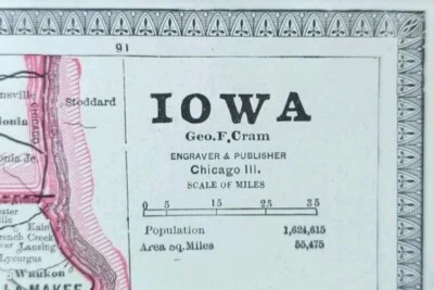 Mapa IOWA 1885 13"x11" ~ Antiguo Antiguo Original DES MOINES CEDAR RAPIDS IA Foto 1 de 4