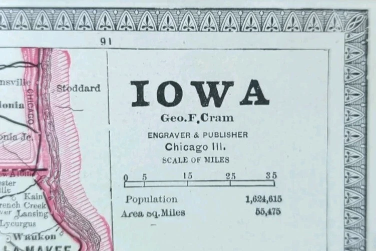 Mapa IOWA 1885 13"x11" ~ Antiguo Antiguo Original DES MOINES CEDAR RAPIDS IA Foto 1 de 4
