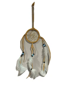 Vintage Iroquois Dream Catcher Leather 2” Diameter 16” Long Beaded Feathers Blue - Picture 1 of 11