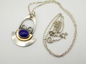 Vintage Sterling Silver Modernist Delicate Pendant Necklace Blue Lapis GF - Picture 1 of 5