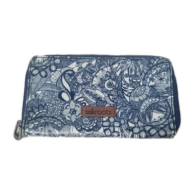 SAKROOTS Artist Circle Zip Around Wallet Boho Blue & White Floral Multi Card  - Image 1 of 4