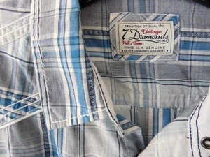 7 Diamonds Vintage Size Large Blue/Gray Plaid 2 Pockets Pearl Snaps EUC - Picture 1 of 5