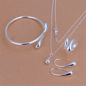 925 Sterling Silver Water Drop Charm Bracelet Bangle Pendant Jewelry Set - Picture 1 of 6