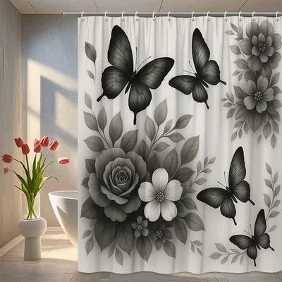 Cortina de ducha mariposas florales negras - Elegante decoración de baño Foto 1 de 4