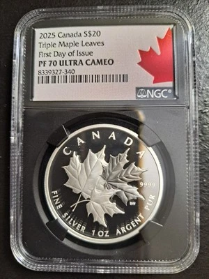 2025 CANADA SILVER TRIPLE MAPLE LEAVES NGC PF70 UCAM FIRST DAY OF ISSUE + COA - Image 1 of 4