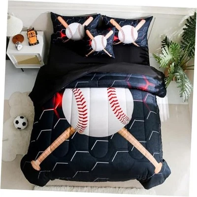Juegos de cama completos de 6 piezas para niños, deportes negros tamaño completo - 6 piezas de béisbol Foto 1 de 4