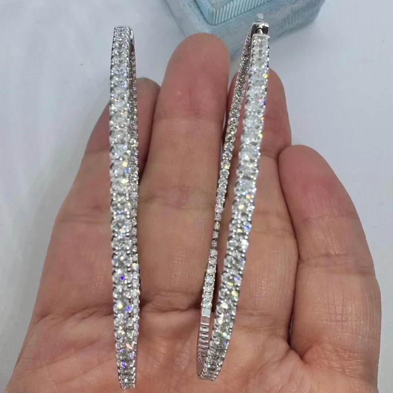 5.50Ct Round Cut Moissanite 2.5” Inside Out Hoop Earrings 14K White Gold Plated - Image 1 of 4