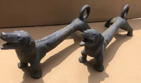 Dachshunds Pair Rare  Antique Cast Iron Weiner Dog Andirons Not Boot Scrapers Cover